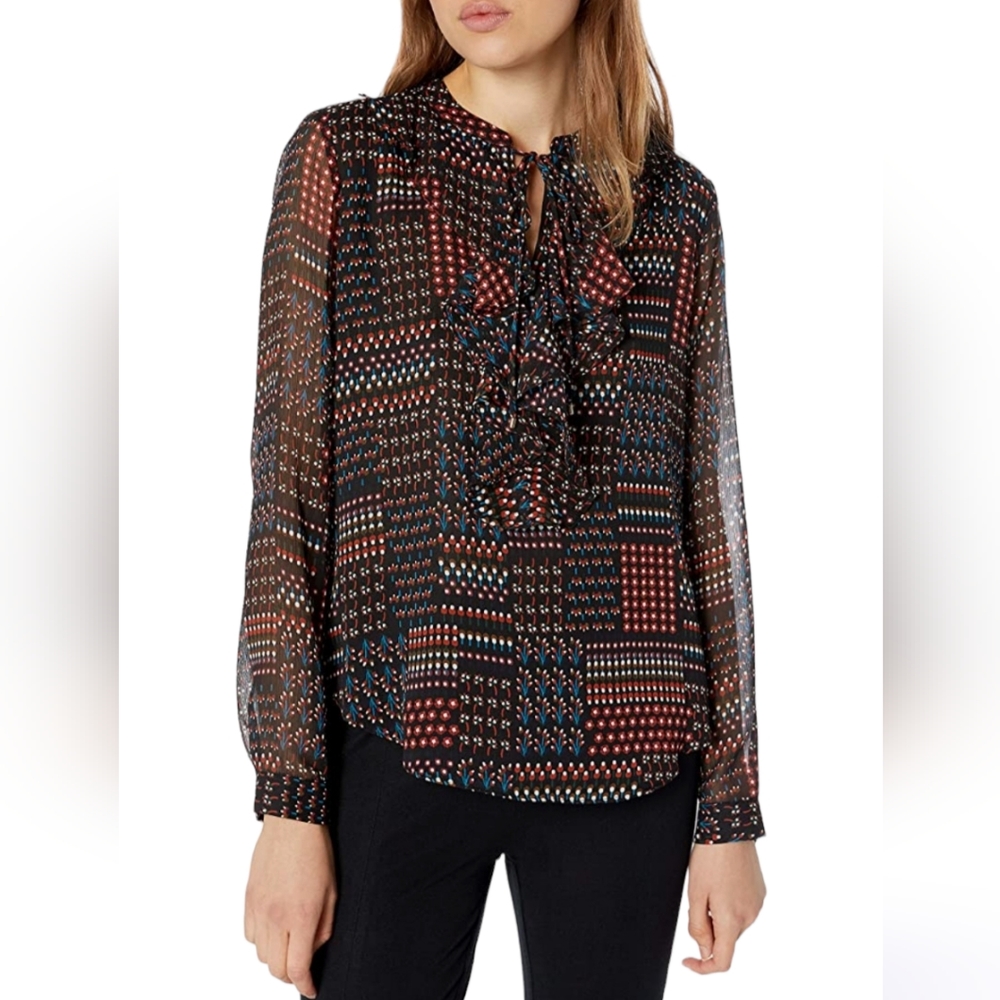 Tommy Hilfiger Dot Ruffle Front Long Sleeve Blouse Tie Neck Black Womens Size S
